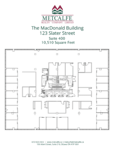 The image is a black and white floor plan for Suite 400 in the MacDonald Building, covering 10,510 square feet, advertised by Metcalfe Realty Company Limited.