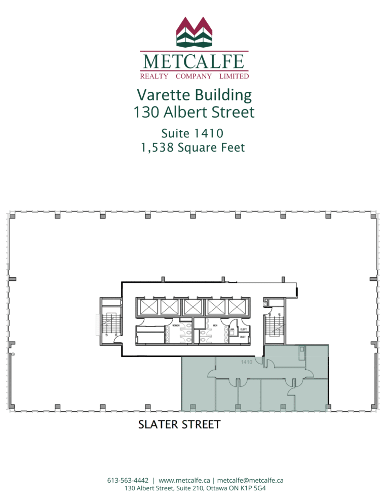 This image shows a floor plan for Suite 1410 of the Varette Building, located at 130 Albert Street, offering 1,538 square feet of space.