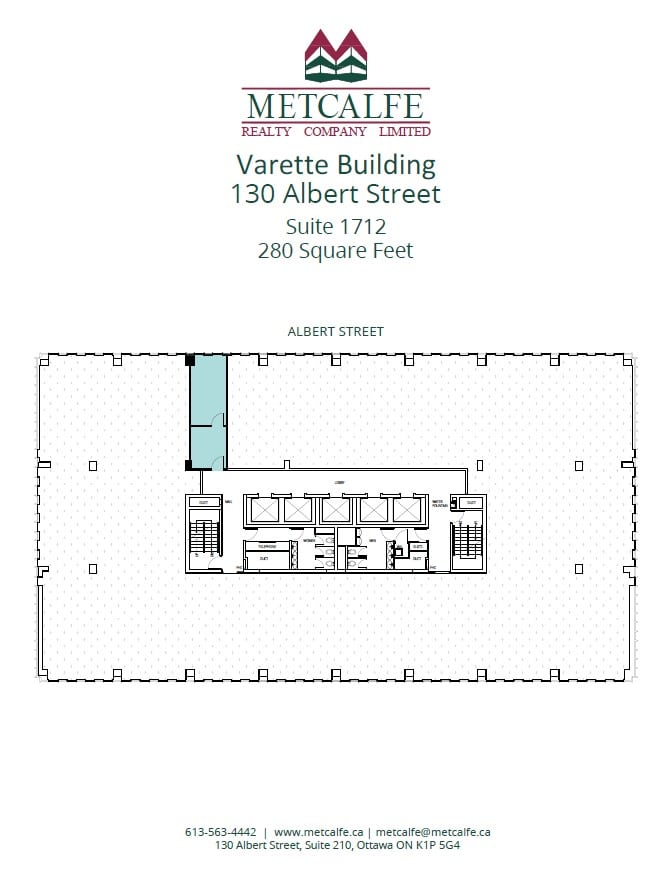 This image displays a real estate floor plan for Suite 1712 at 130 Albert Street, measuring 280 square feet, detailing room layouts and furniture placement.