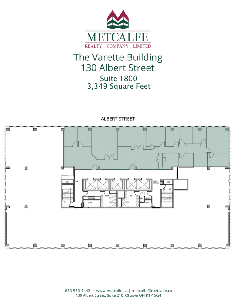 This image depicts a floor plan for Suite 1800 in the Varette Building at 130 Albert Street, showing a layout with various rooms and furnishings.