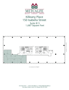 This image is a black and white floor plan for Suite 815 at Killeany Place, 150 Isabella Street, showing a layout of 1,687 square feet.