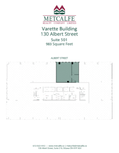 The image shows a floor plan from Metcalfe Realty for Suite 501 in the Varette Building, 130 Albert Street, with an area of 983 square feet.