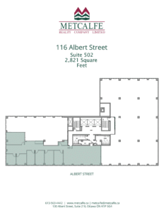 This image shows a floor plan from Metcalfe Realty, displaying suite 502 at 116 Albert Street with 2,821 square feet, including contact information.