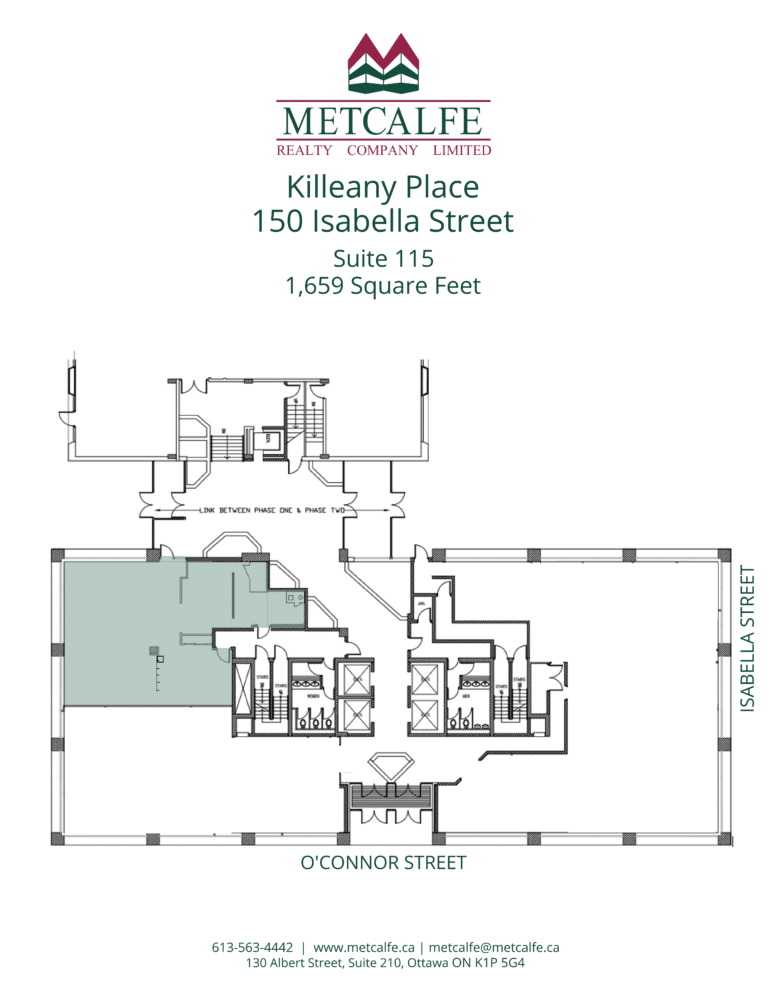 The image displays a detailed floor plan for Suite 115 at Killeany Place, located at 150 Isabella Street, totaling 1,659 square feet.