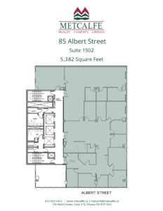 The image is a blueprint of Suite 1502 at 85 Albert Street, offered by Metcalfe Realty Company Limited, depicting a space of 5,382 square feet.