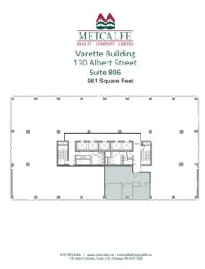 Floor plan of Suite 806 in Varette Building, 130 Albert Street, Ottawa. Includes layout, total area of 961 square feet.