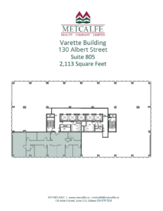 This image features a blueprint of Suite 805 in the Varette Building, detailing an office layout spanning 2,113 square feet, with designated workspaces and rooms.