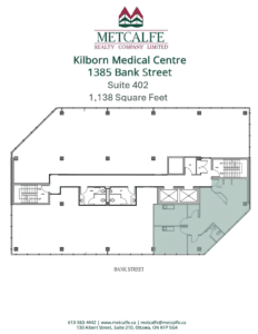 The image shows a detailed floor plan for Suite 402 at Kilborn Medical Centre, 1385 Bank Street, indicating 1,138 square feet of space.