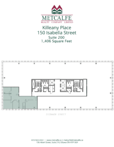 This image shows a floor plan of 'Killeany Place Suite 200' with multiple rooms, totaling 1,406 square feet, represented in two-dimensional layout form.