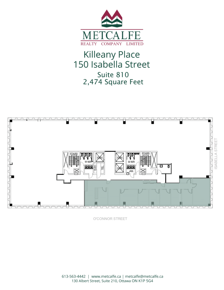 This image displays an office floor plan for Suite 810 at Killeany Place, 150 Isabella Street, with an area of 2,474 square feet, indicated by Metcalfe Realty Company Limited.