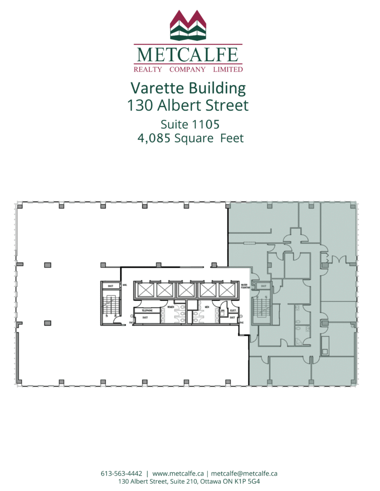This image displays a floor plan for Suite 1105 in the Varette Building, located at 130 Albert Street, amounting to 4,085 square feet, presented by Metcalfe Realty.