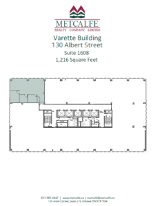 The image shows a real estate flyer for Metcalfe Realty, advertising suite 1608 in the Varette Building, with a floor plan of 1,216 square feet.