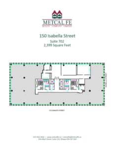 Building floor plan for 150 Isabella Street, Suite 702, totaling 2,399 square feet. Features labeled rooms and entrances on O'Connor and Isabella Street.