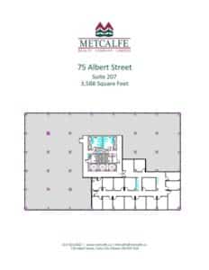 Office floor plan of Suite 207 at 75 Albert Street, Ottawa, covering 3,588 square feet. Includes offices, common areas, and contact details.